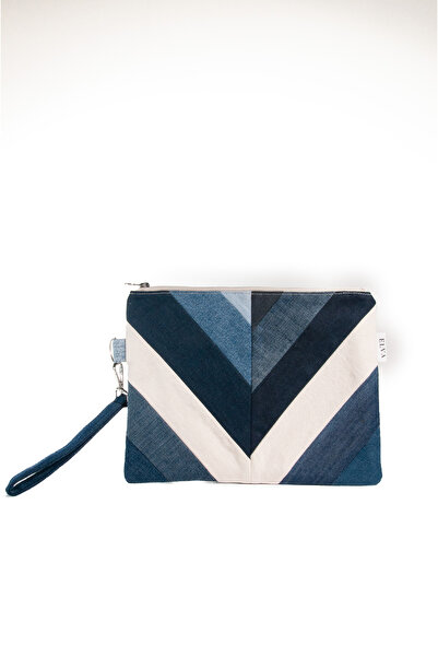 Elva Kadın V Desenli Kot Çanta | Şık Patchwork Tasarımıyla El ve Bilekte Taşınabilir Clutch Model - Elva