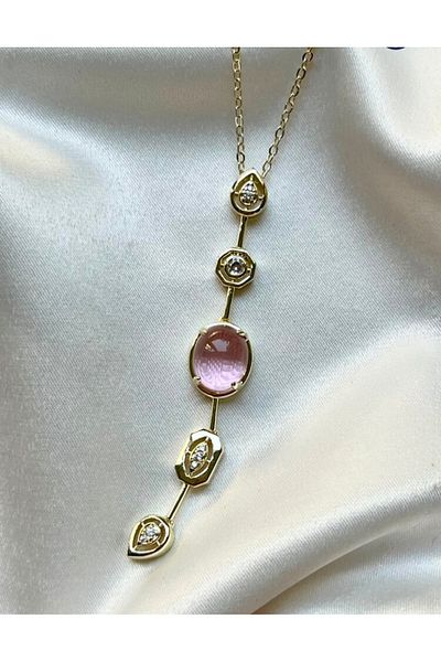 Büşra Shine Aksesuar Gold Pink Stone Detailed Element Women's Necklace