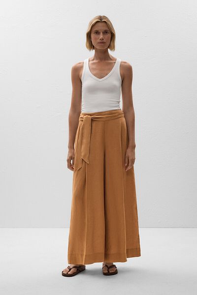 Oysho 100% linen tie wide-leg trousers