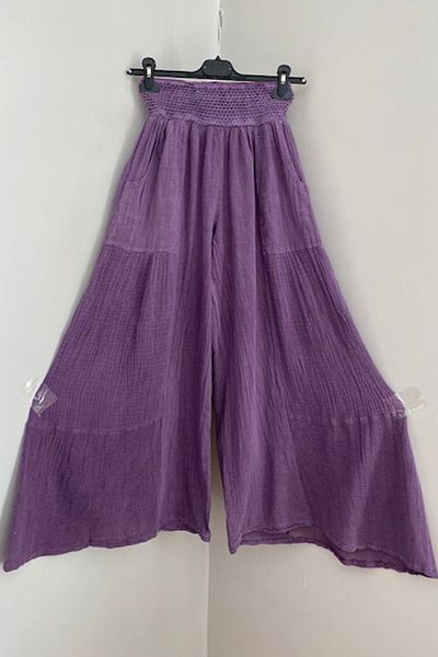 AYASOFYA OTANTIK Women's Purple Elastic Waist Pocketed Wide Leg Skirt Trousers with Mesh Detail