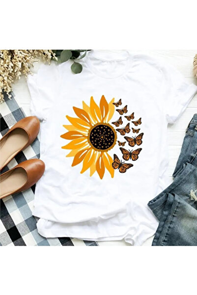 donamod 5 Tricou cu imprimeu cu desene animate cu fluturi florale pentru femei