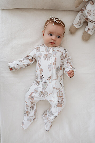 Tuğba Kuğu Zippered Booties Baby Jumpsuit - Pureline Series - Dreamland Safari