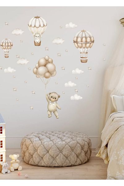 Sim Tasarım Soft Brown Beige Tones Flying Balloon Adventure Kids Room Wall Sticker Set