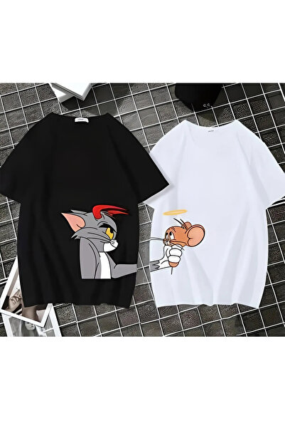 donamod Tom jerry baskılı sevgili çift kombını beyaz siyah unisex tshirt