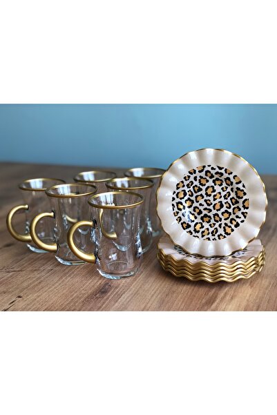 B&M Leopar Desenli Kıvrımlı 12 Parça Çay Seti 6 Kişilik (Kulplu Bardak)