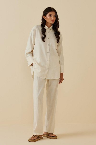 Fahhar Cuff Detailed Linen Suit Beige