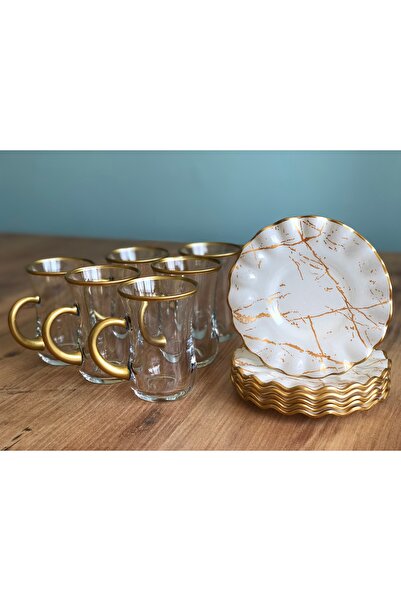 B&M Beyaz Mermer Desenli Kıvrımlı 12 Parça Çay Seti 6 Kişilik (KULPLU BARDAK)