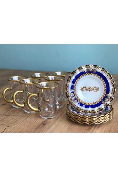 B&M Taç Desenli Kıvrımlı 12 Parça Çay Seti 6 Kişilik (KULPLU BARDAK)