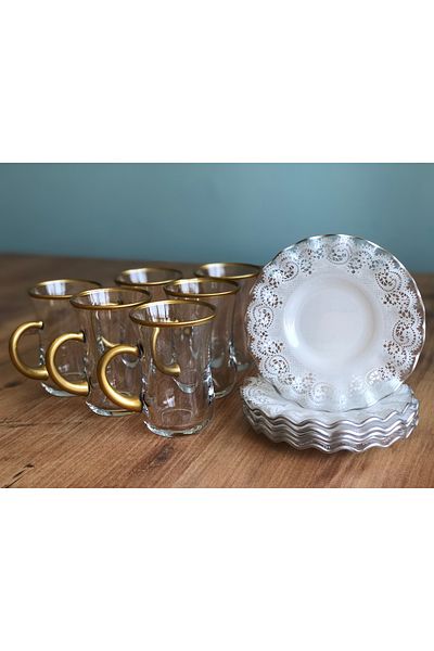 B&M Silver Lace Patterned Curved 12 Piece Tea Set for 6 People (Glass with Handle)