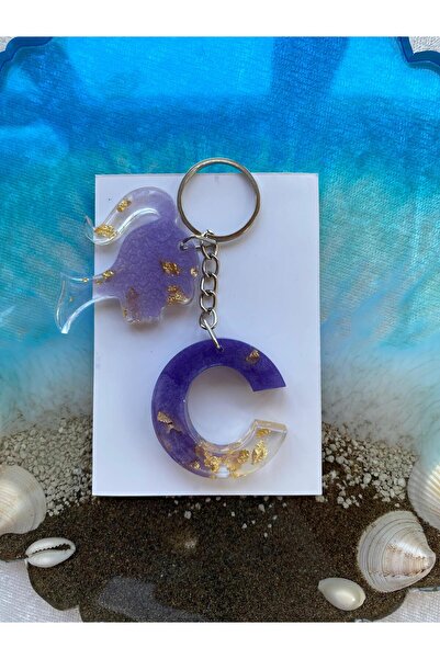 Yopoksi Desing سلسلة مفاتيح بتصميم خاص مطلية بالذهب الإيبوكسي حرف C