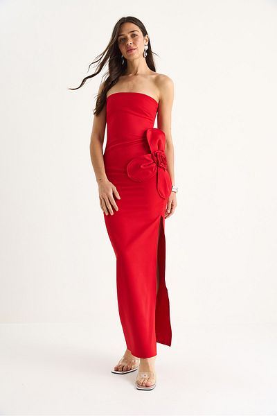 Bianco Lucci Accesoriu cu flori pentru femei, rochie maxi fără bretele cu detaliu cu fante 2602 60283331