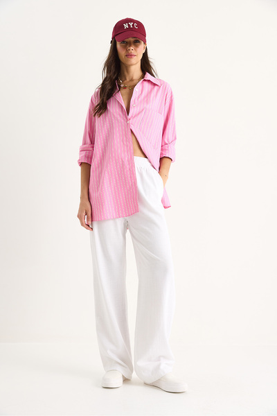 Bianco Lucci Women's Waisted Elastic Pocket Detailed Linen Palazzo Trousers R-6711 60283038