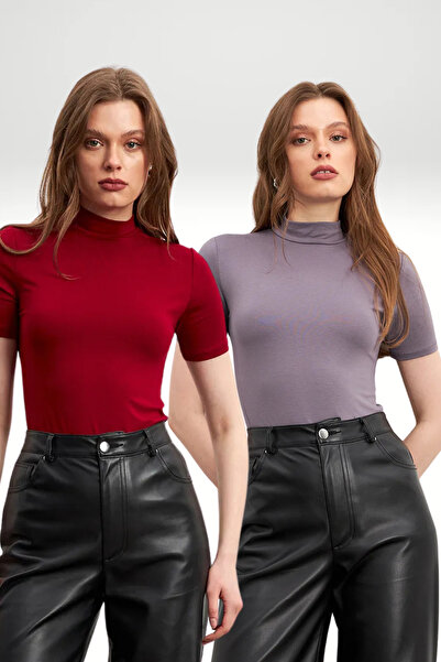 Ladima بلوزة نسائية بأكمام قصيرة باللون الرمادي العنابي مكونة من قطعتين