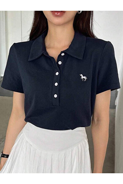 Bravebell Lacivert Tek Boynuzlu At Baskılı Polo Yaka Düğmeli Kısa Kol Tshirt