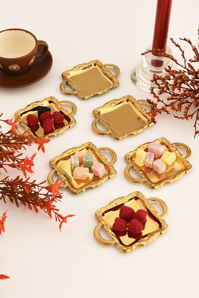 AKSESUAR EVRENİ Tador's Gold Set of 6 Sugar Bowl Turkish Delight Bowl Snack Bowl Coffee Side Presentation Bowl Decorative Square Bowl with Handles