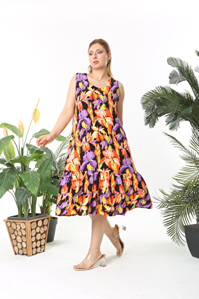 onze Kalın Askılı Eteği Fırfırlı Yandan Gizli Cepli Desenli Dokuma Kumaş Yazl...