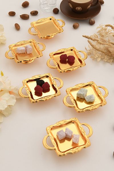 AKSESUAR EVRENİ Giallo's Gold Set of 6 Sugar Bowl Turkish Delight Bowl Snack Bowl Coffee Side Presentation Bowl Decorative Square Bowl with Handles