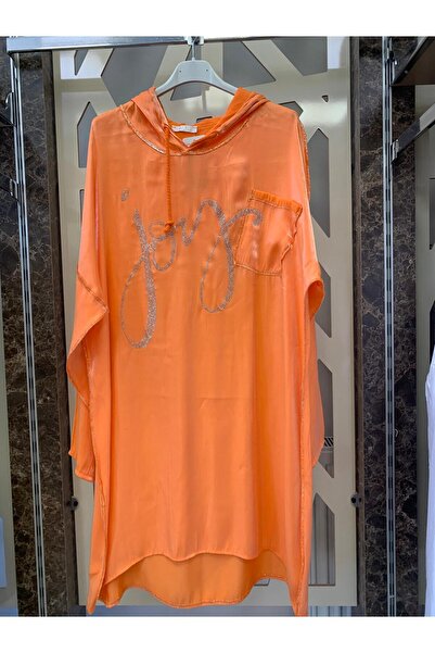 günay boutıque İpek Saten Kapüşonlu İtalyan Tunik -oranj