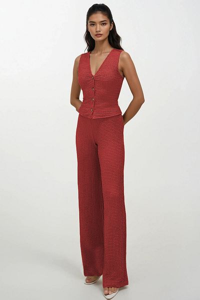 Trend Alaçatı Stili Women's Tile V-Neck Buttoned Vest and Pants Suit Alc-X13583