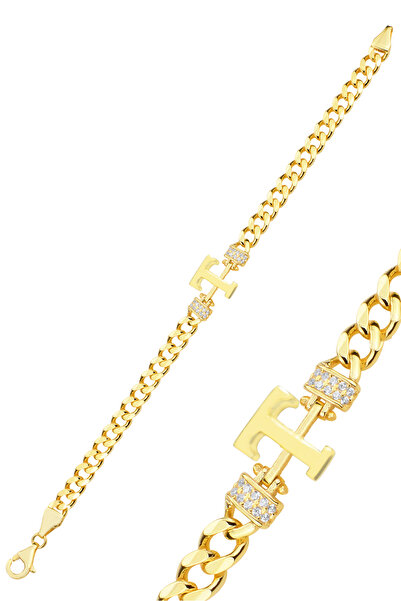 Söğütlü Silver Gümüş altın yaldızlı zirkon taşlı üç boyutlu gurmet zincirli T harf bileklik SGTL12300GOLD-T