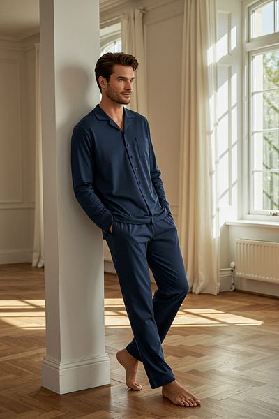Trendyol Collection Σετ πιτζάμες Navy Blue More Sustainable Fine Weaving - TMNAW25PT00056