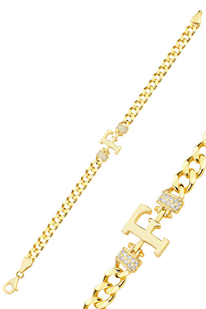Söğütlü Silver Gümüş altın yaldızlı zirkon taşlı üç boyutlu gurmet zincirli F harf bileklik SGTL12300GOLD-F