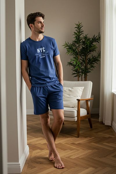 Trendyol Collection Σετ πιτζάμες με κανονική εφαρμογή Indigo Printed - Με σορτς TMNSS25PT00013
