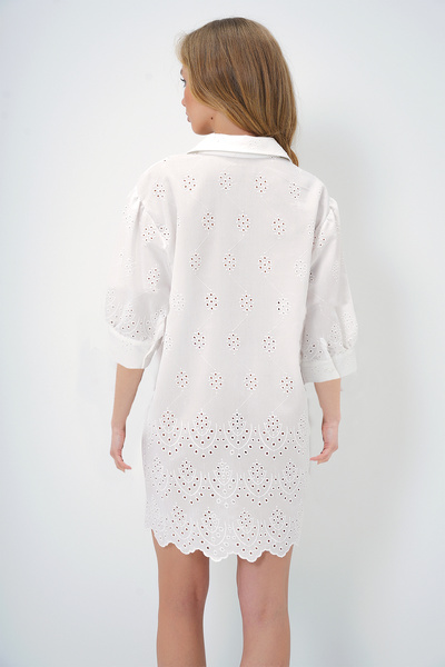 Trend Alaçatı Stili Kadın Beyaz Fisto Nakış İşlemeli Oversize Dokuma Gömlek Elbise ALC-X13432