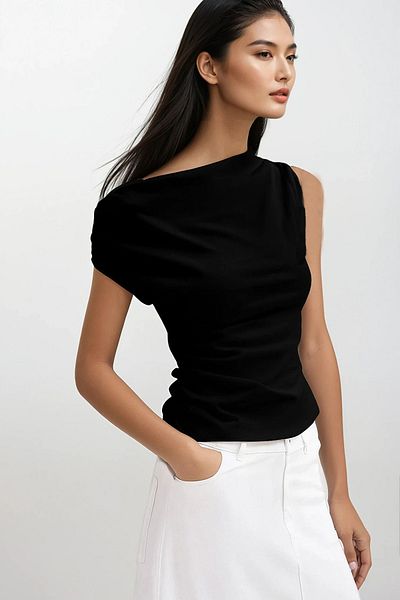 Trend Alaçatı Stili Γυναικεία Μαύρη Πλεκτή Μπλούζα Viscon Gathered Shoulder ALC-X14183