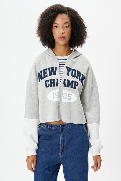 Koton Hooded Zippered Crop Sweatshirt College Embroidery Detailed Color Blocked
