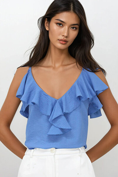 Trend Alaçatı Stili Női indigó kék állítható pántos aerobin blúz fodrokkal az elején ALC-X14182