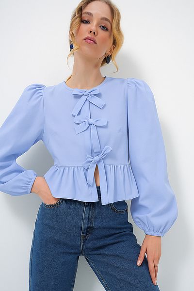 Trend Alaçatı Stili Damen-Bluse aus Popeline mit Rundhalsausschnitt und Schleife, Prinzessinnenärmeln, Flieder, ALC-X13375