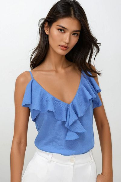 Trend Alaçatı Stili Indigoblauer Aerobin-Blusen für Damen mit verstellbarem Träger und Rüschen vorne ALC-X14182