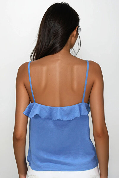 Trend Alaçatı Stili Női indigó kék állítható pántos aerobin blúz fodrokkal az elején ALC-X14182