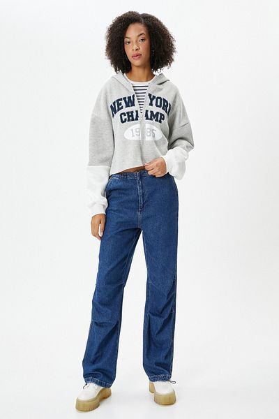 Koton Hooded Zippered Crop Sweatshirt College Embroidery Detailed Color Blocked