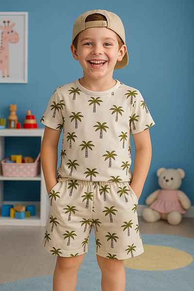 TRENDYOLKIDS Stone Boys' Palm mintás póló-rövidnadrág kötött pizsama szett TKDSS25AU00117