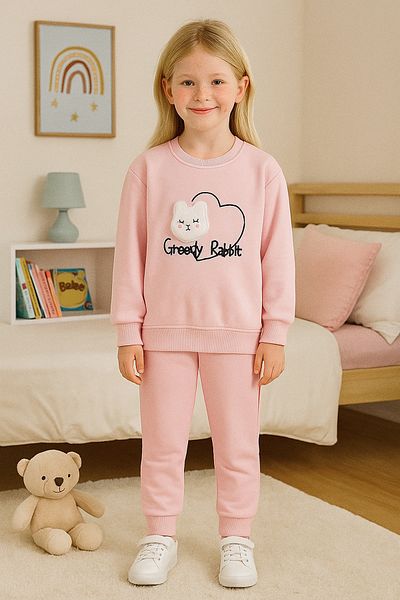 TRENDYOLKIDS Pink Cat Patterned Girl's Pajama Set - Knitted Bottom-top Set Tkdaw25au00077