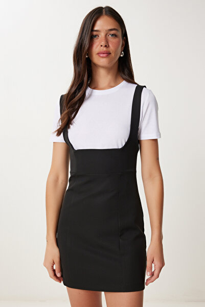 Happiness İstanbul Kadın Siyah Beyaz T-Shirt Detaylı Kontrast Renkli Mini Dokuma Elbise MX00225