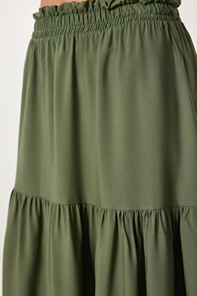 Happiness İstanbul Women's Khaki Flounced Summer Viscose Skirt En00644