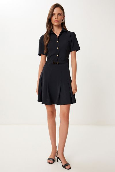 Happiness İstanbul Women's Black Gold Button Mini Woven Dress Vw00005