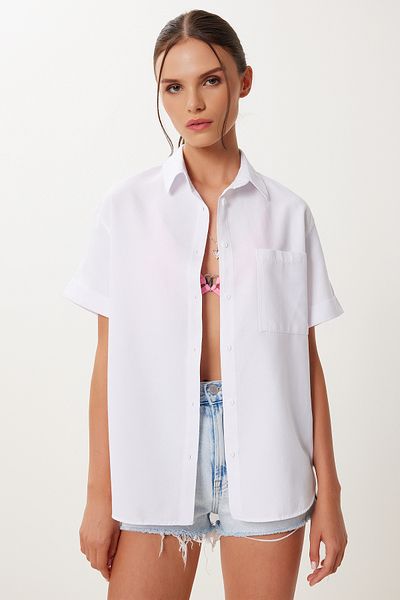 Happiness İstanbul Women's White Short Sleeve Pique Knitted Shirt Mx00199