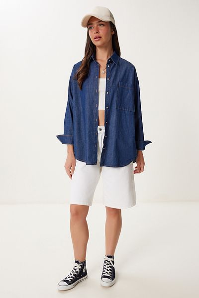 Happiness İstanbul Cămașă de damă din denim albastru închis cu buzunar MX00221