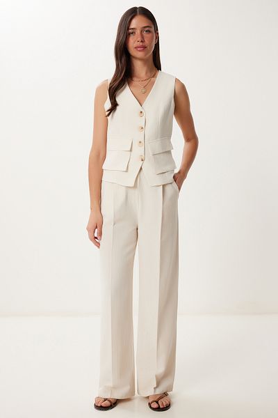 Happiness İstanbul Women's Cream Linen Vest Palazzo Pants Suit Bv00126