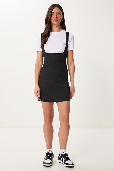Happiness İstanbul Women's Black and White T-Shirt Detail Contrast Color Mini Woven Dress Mx00225