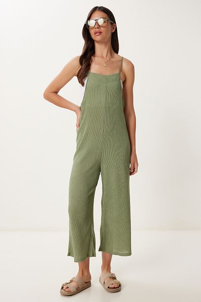 Happiness İstanbul Women's Khaki Strappy Textured Knitted Jumpsuit Hk00046