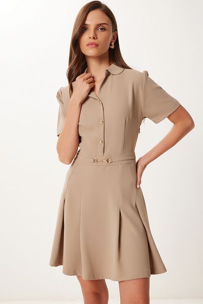 Happiness İstanbul Women's Clay Green Gold Button Mini Woven Dress Vw00005