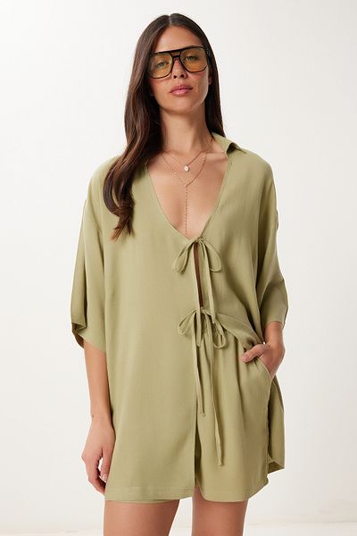 Happiness İstanbul Women's Olive Green Binding Detail Linen Bottom Top Set Gp00021