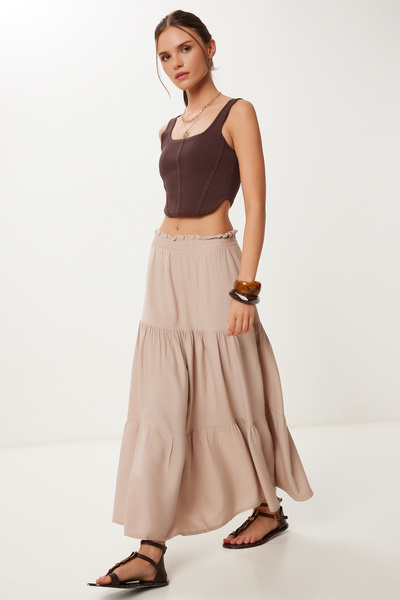 Happiness İstanbul Women's Beige Flounced Summer Viscose Skirt En00644