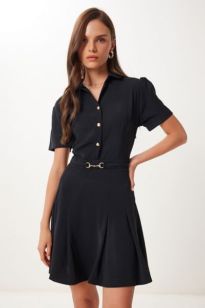 Happiness İstanbul Women's Black Gold Button Mini Woven Dress Vw00005