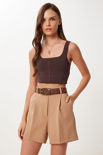 Happiness İstanbul Γυναικείο μίνι υφαντό σορτς Camel Pocket MX00233